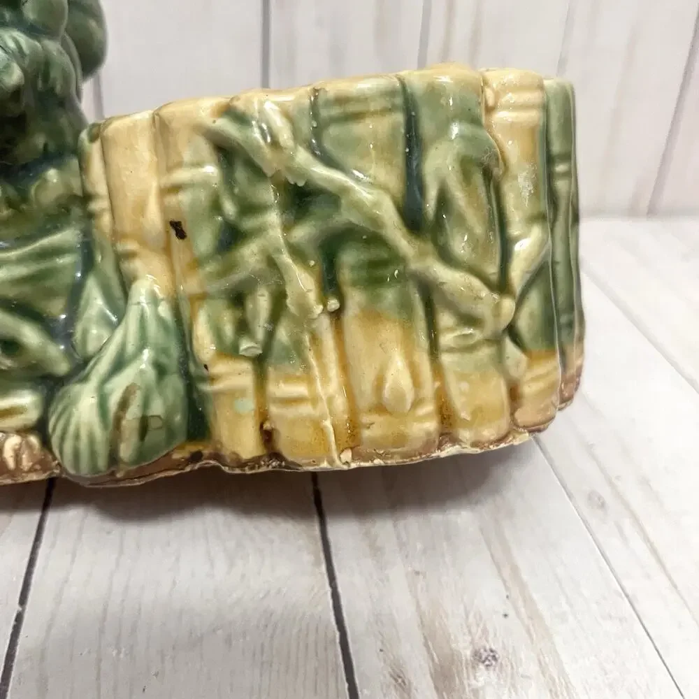 Vintage Ceramic Elephant Planter Green Glaze Bamboo Jungle MCM Kitsch 6”